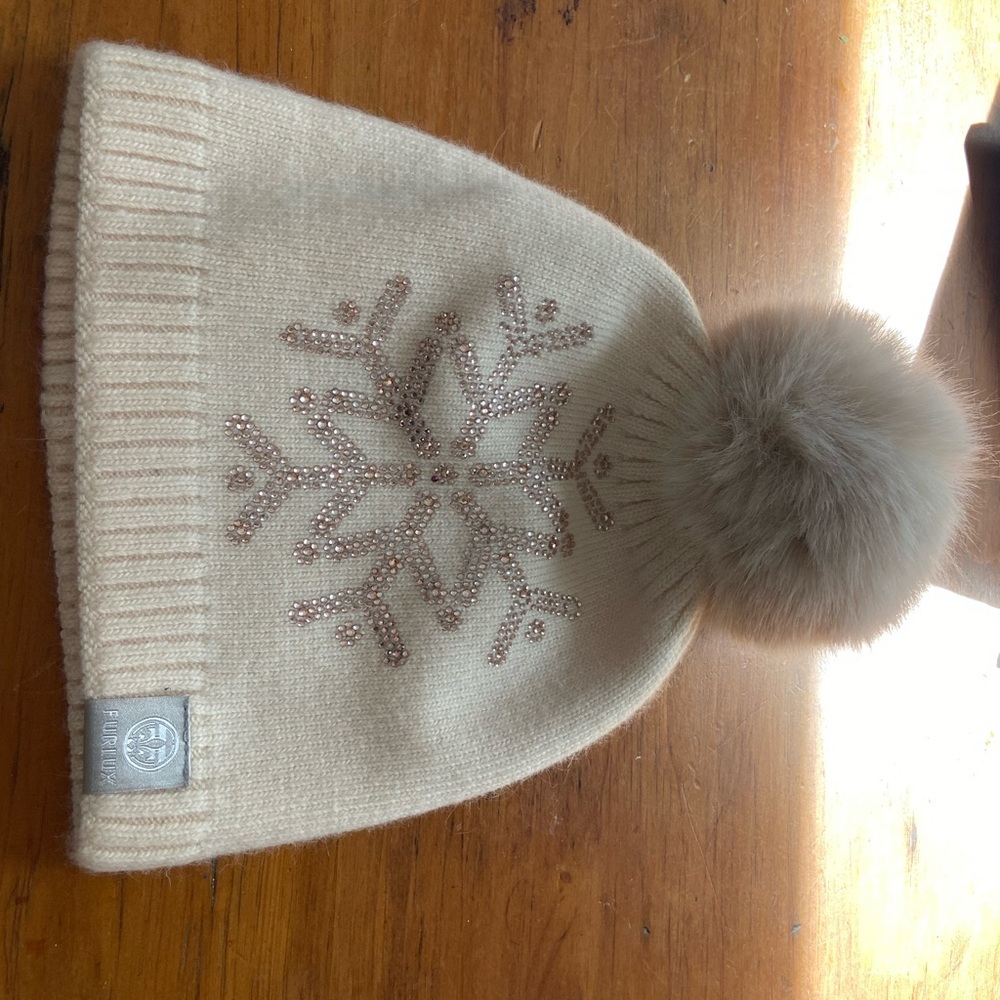 Cream Knit Snowflake Beanie with Pom-Pom